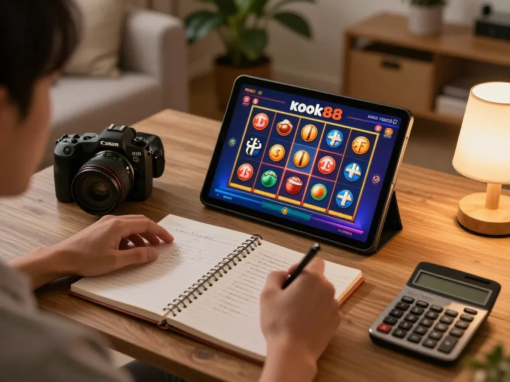 Berpartisipasi dalam permainan kasino online rokok88 dengan antarmuka slot yang cerah di tablet dalam setting rumah yang nyaman.