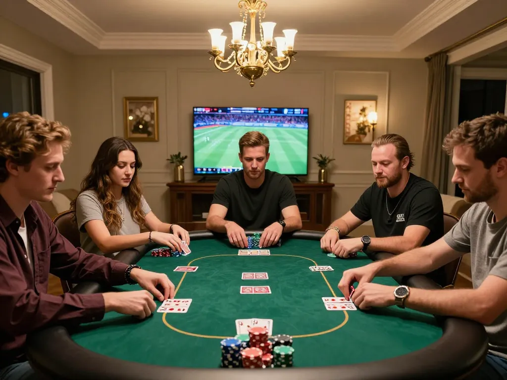 Engaged players enjoying a poker game at home, showcasing ai88bet strategies in a warm, inviting setting
