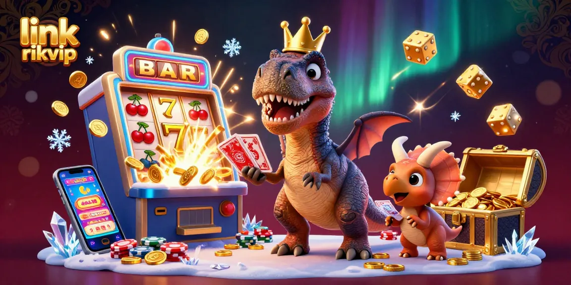 Join the fun at link rikvip with a T-Rex shuffling cards and vibrant casino elements adding excitement!