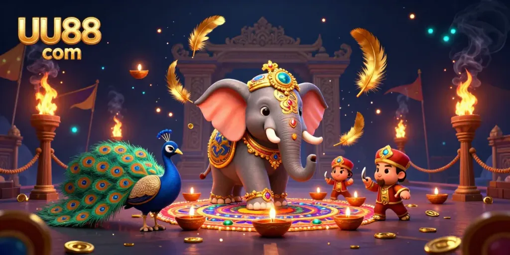 Engage with winning strategies at UU88 com, featuring colorful 3D illustrations of an elephant and peacock amidst casino-themed decorations.