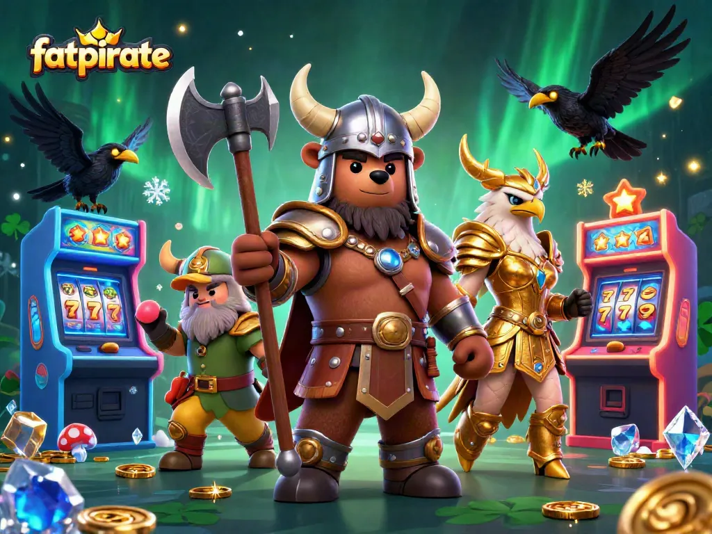 Spin the reels with fatpirate at this thrilling 3D casino scene featuring a Viking bear and eagle.