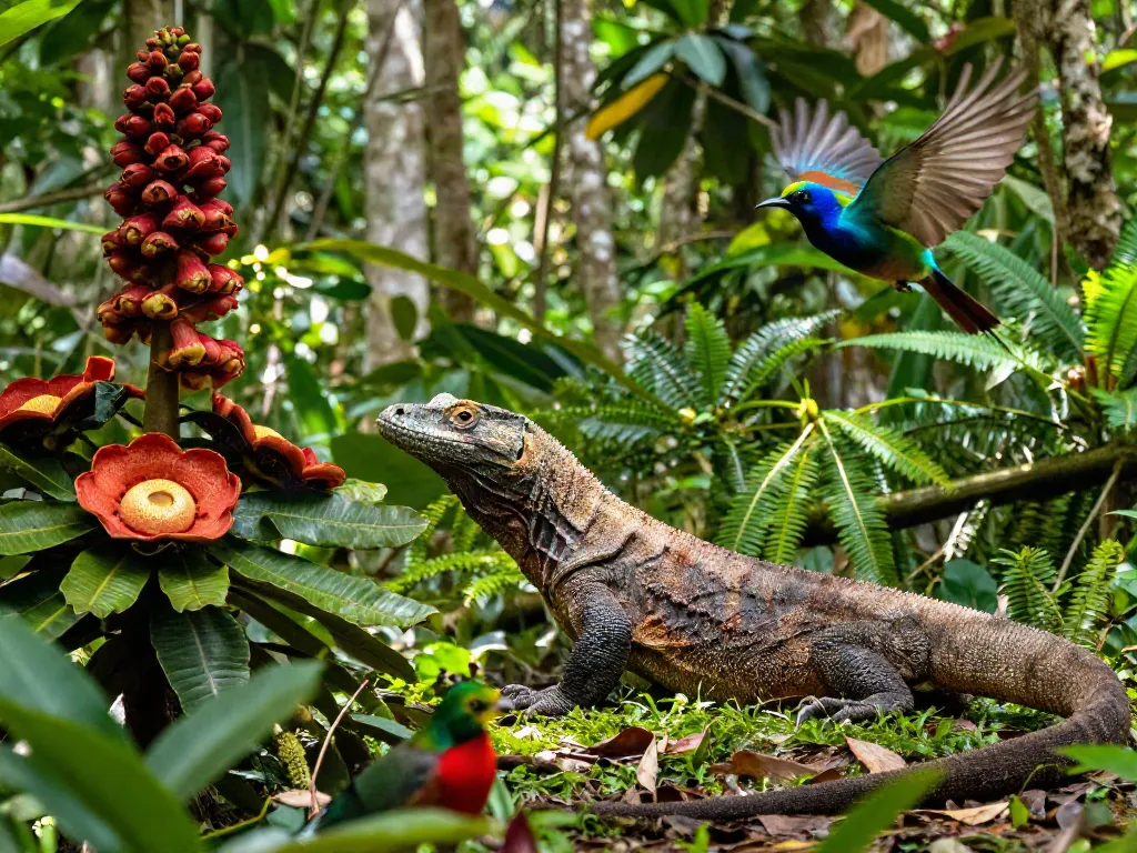 rokok88 link: Explore Indonesia's stunning biodiversity with vibrant flora like Rafflesia and fauna including Komodo dragons and Cenderawasih in lush settings.