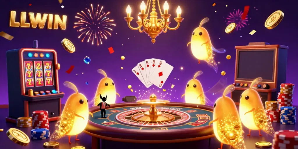 Experience the thrilling LLWIN casino atmosphere with glowing characters and dynamic gameplay elements.