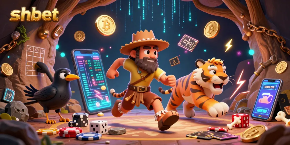 Engage with shbet's dynamic prehistoric casino scene featuring a caveman, sabertooth tiger, and crow managing stone poker games.