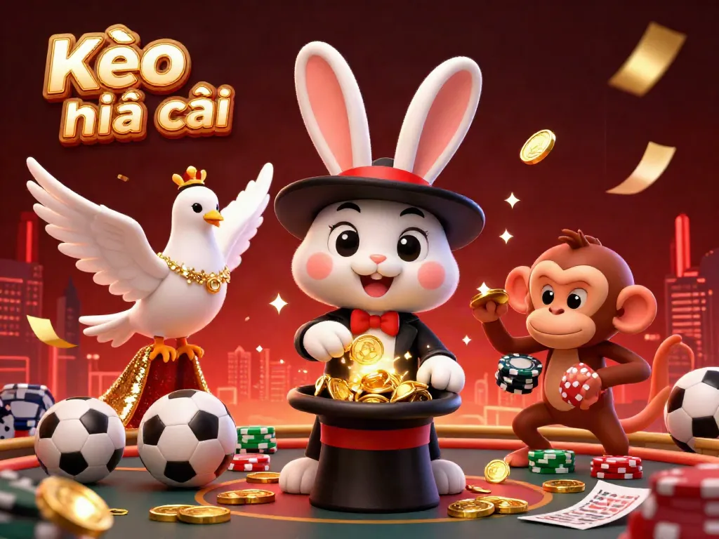 Engage in sports betting excitement with Kèo nhà cái's vibrant scene showcasing a magician rabbit, dove, and monkey.