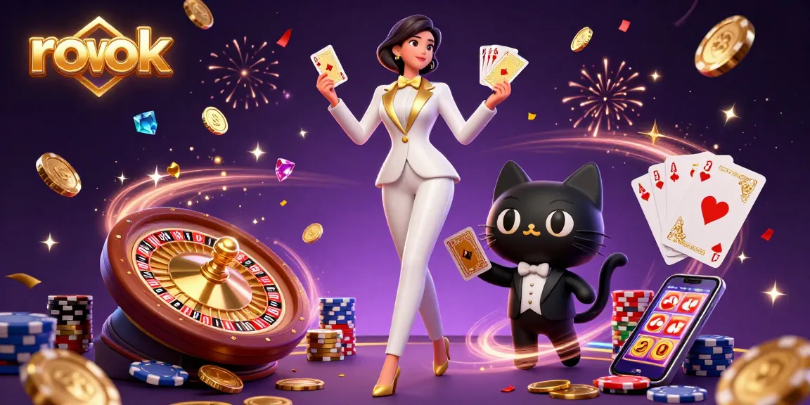 Experience rokok's excitement as a glamorous dealer shuffles cards among dynamic casino elements in an immersive 3D setting.