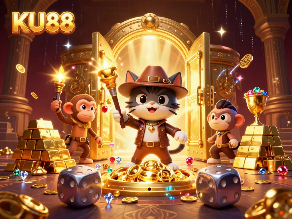 Experience KU88's vibrant casino thrill with an explorer cat and a monkey discovering treasures.