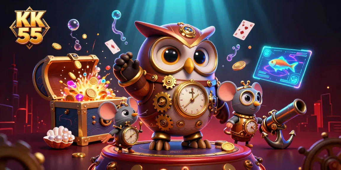 Experience excitement at KK 55 with a vibrant 3D casino scene featuring animated characters and rich game elements.