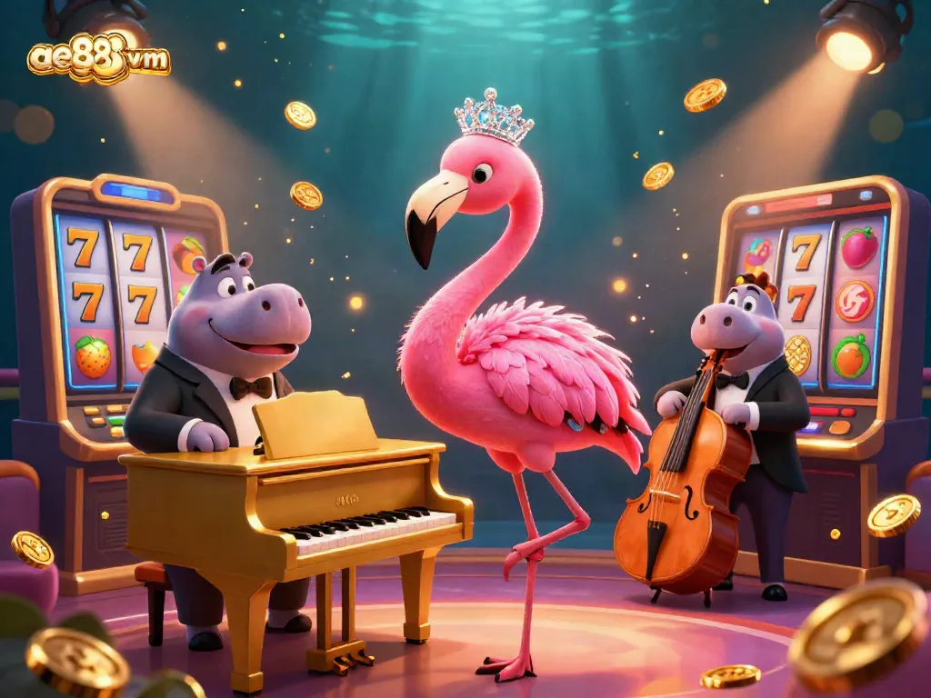 Experience the excitement of ae888vm with a vibrant 3D casino scene featuring a flamingo singer and slot elements.