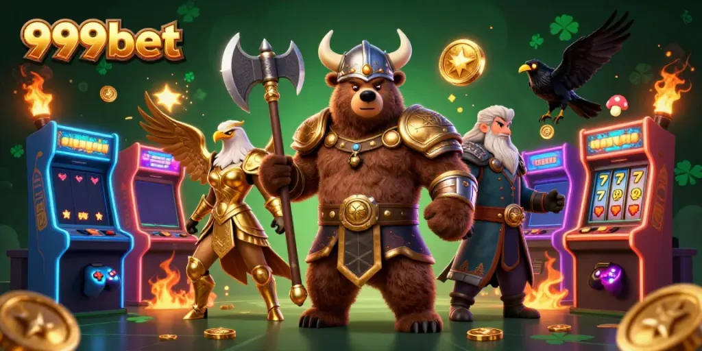 Experience the excitement of 999bet with a vibrant casino scene featuring a Viking bear, Valkyrie eagle, and dynamic gaming machines.