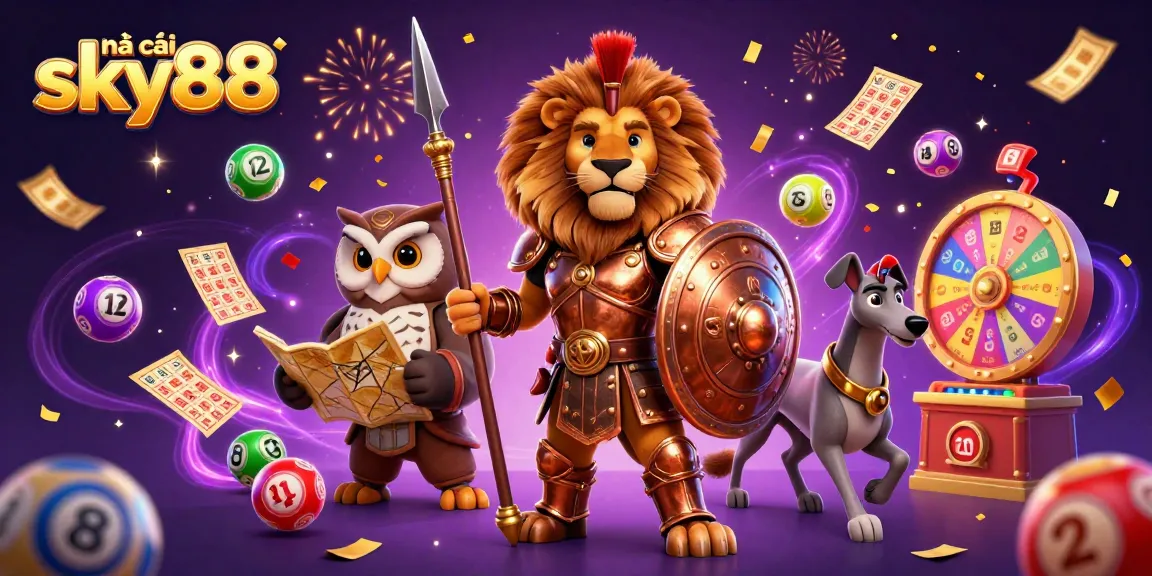 Experience the thrilling action at nhà cái sky88 with vibrant lottery balls and celebratory elements.