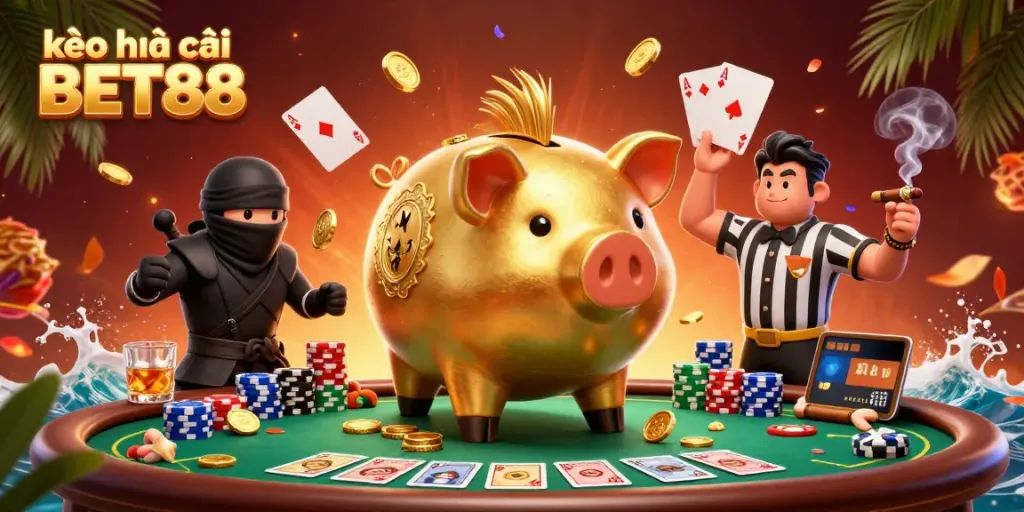 Experience the thrill of kèo nhà cái BET88 through a dynamic casino illustration with golden coin action and vibrant game elements.