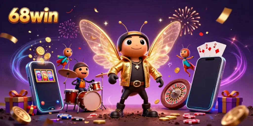 Experience the exciting world of 68win with our animated casino adventure illustration featuring vibrant characters and gaming elements.