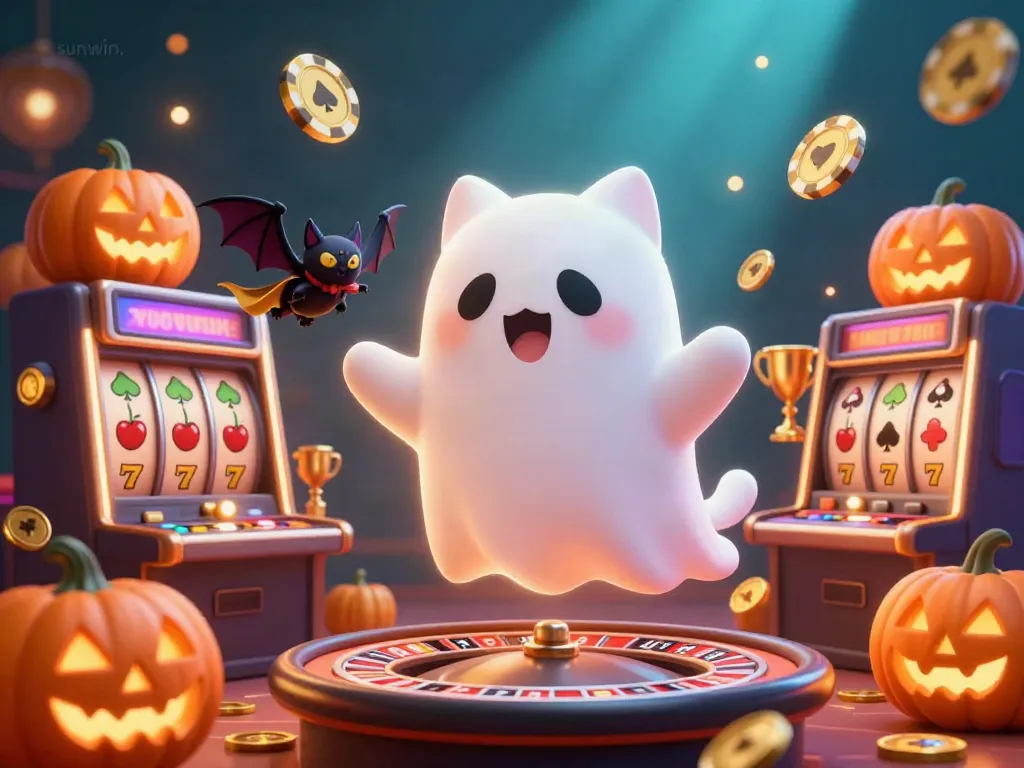 Join the excitement at sunwin. with a playful ghost cat and a vampire bat at a vibrant casino scene.