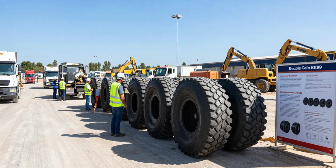 Double Coin RR99 tires showcased on trucks at a construction site, highlighting durability and performance.