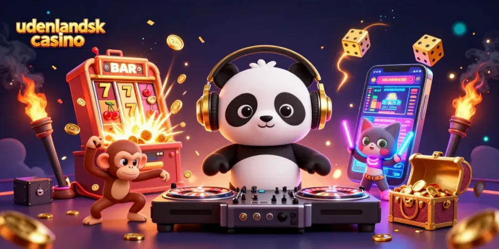 Experience the excitement of udenlandsk casino with dynamic characters celebrating casino wins.