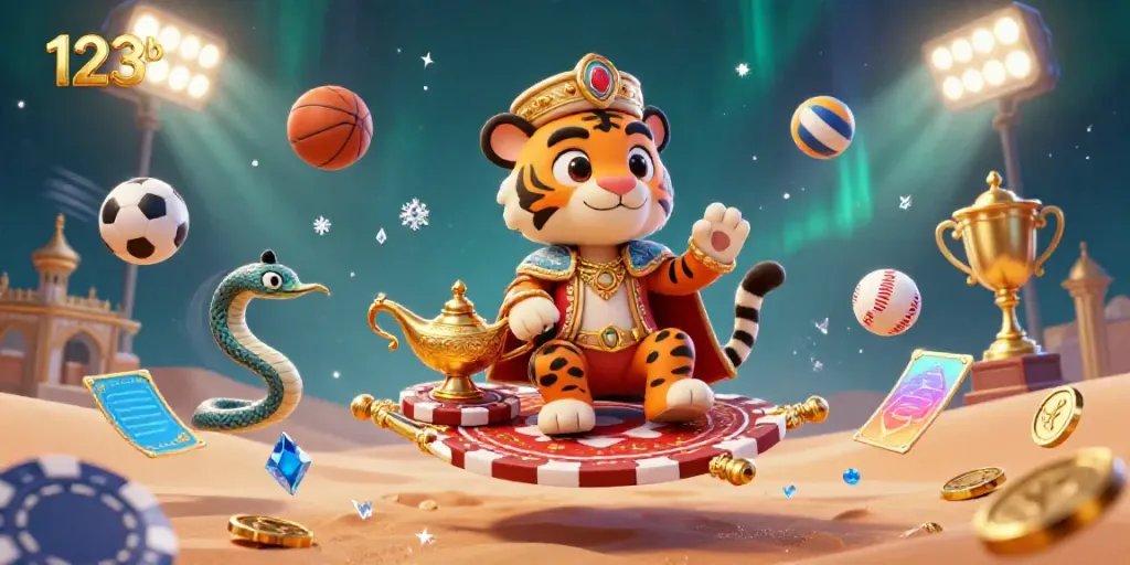 Engage in thrilling gameplay with 123b in this vibrant 3D casino scene showcasing a tiger sultan, sports elements, and golden trophies.