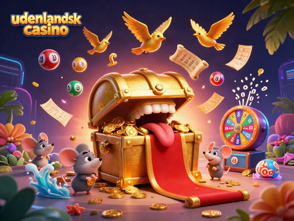 Experience the excitement of udenlandsk casino with our vibrant 3D illustration, showcasing rich gaming elements and a treasure chest.