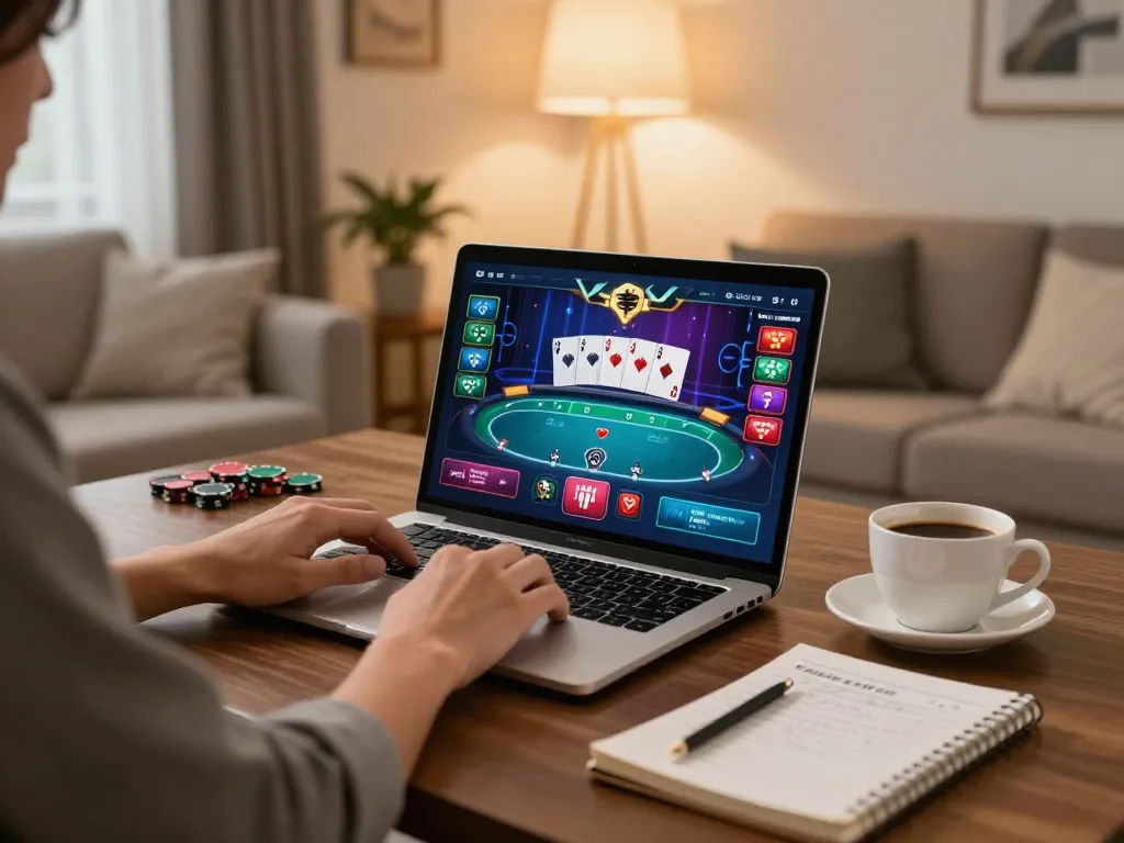 Engaging in 789win vip poker gameplay on a laptop at home with strategic notes nearby