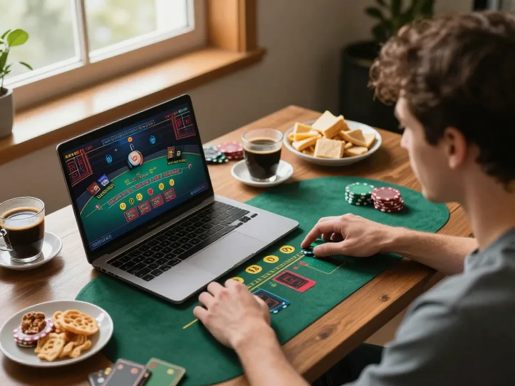 Player engaging in strategic blackjack at red88 online casino with laptop and snacks.