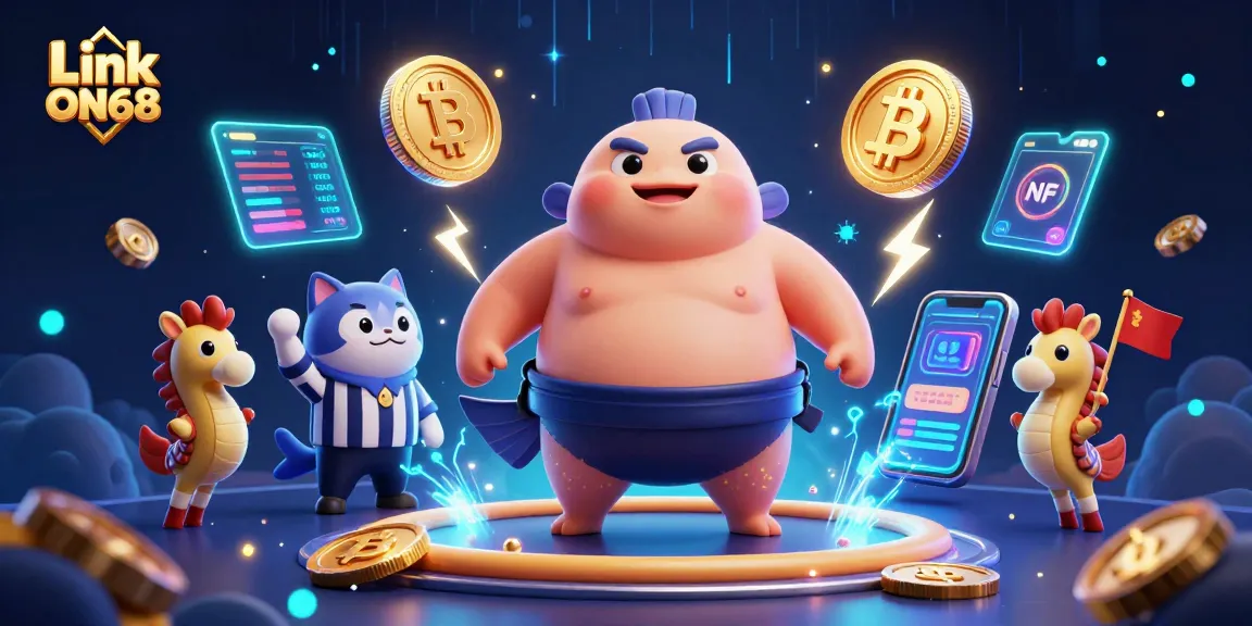 Join the fun at Link ON68 with vibrant sea creatures and crypto-themed casino elements in this lively underwater scene.