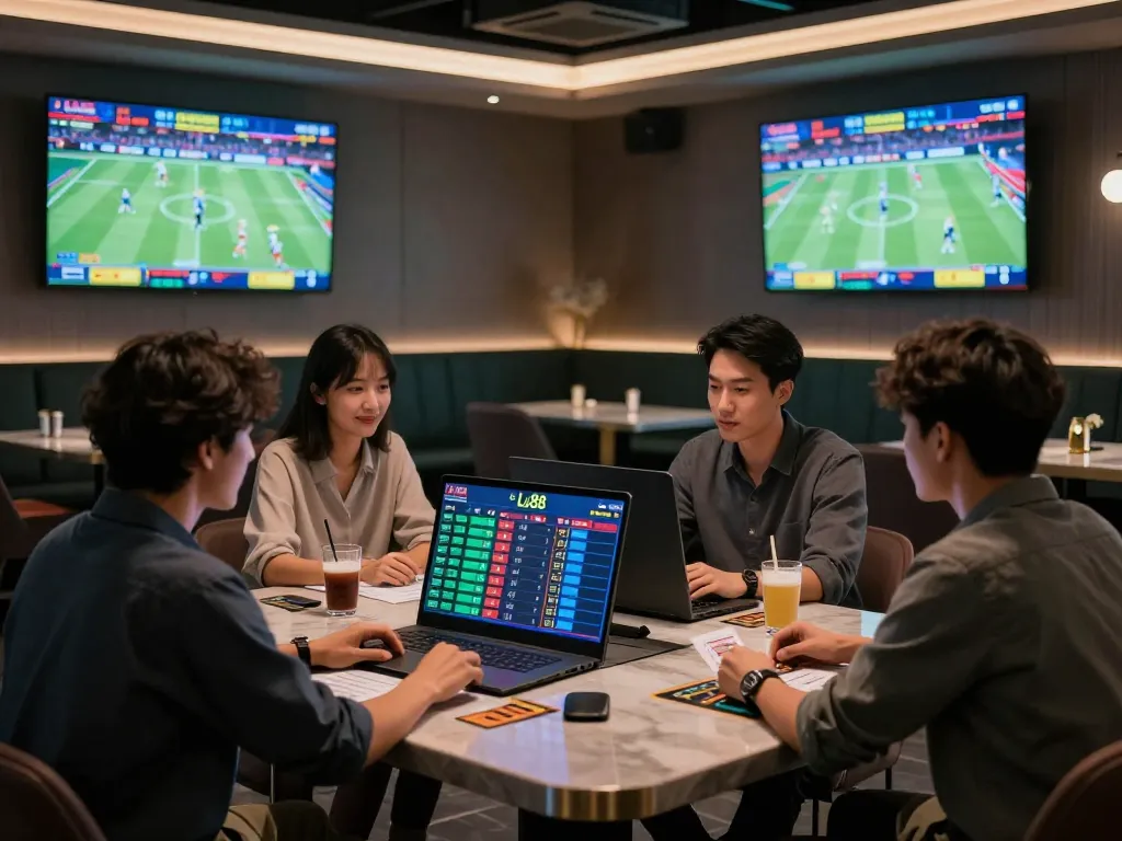 Betting strategies in action on Lu88 while friends enjoy live sports in modern lounge setting