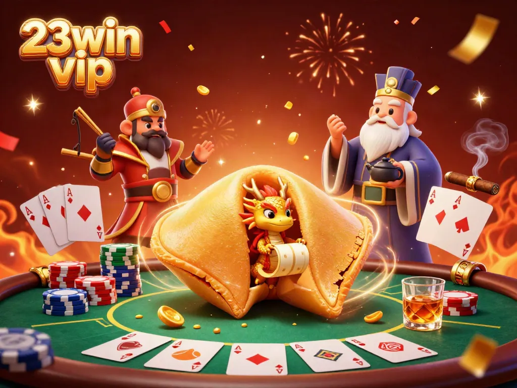 Experience thrilling gaming action at 23win vip with golden fortune cookie, poker chips, and vibrant casino atmosphere.