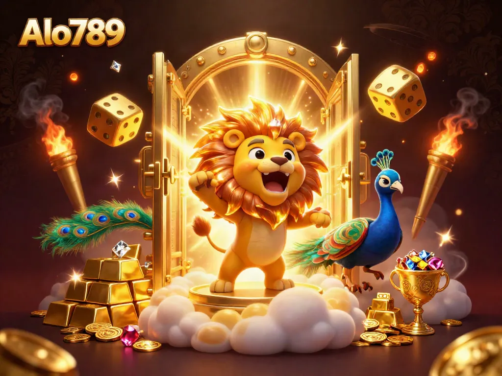 Alo789 captures the thrill of victorious gaming with a lion, golden dice, and rich treasures.