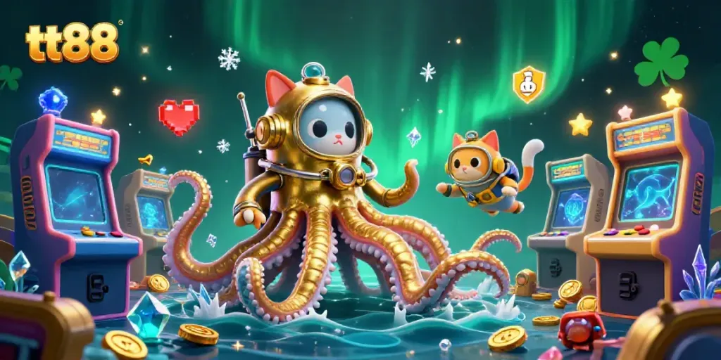 Immerse in the treasure-filled depths with tt88, featuring fantasy characters and vibrant casino elements.