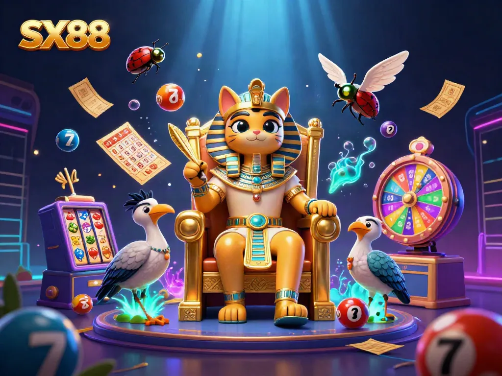 SX88 slots scene featuring a cartoon pharaoh cat surrounded by vibrant gaming elements.