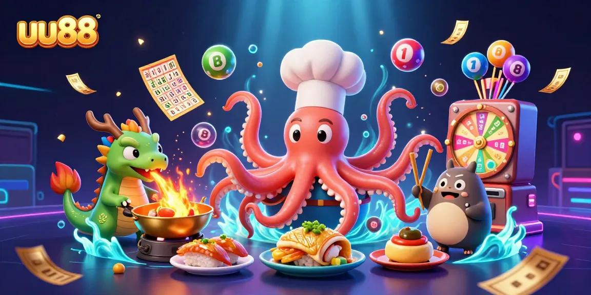 uu88 offers a vibrant casino atmosphere with a cartoon octopus chef, dragon, and tanuki playing games.