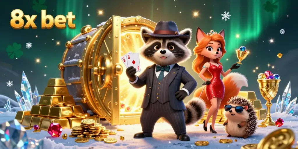 Experience the thrill of 8x bet with characters celebrating over treasures in a vibrant casino scene.