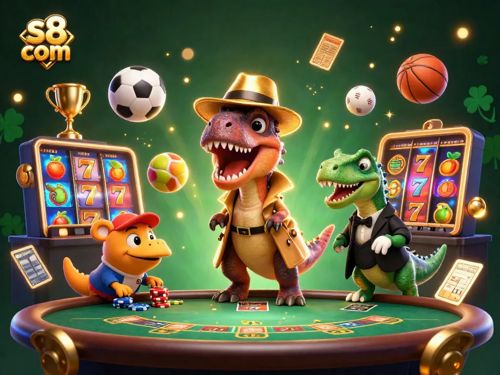 Engage in thrilling gameplay at s8 com with a cartoon velociraptor at a blackjack table surrounded by slot machines.