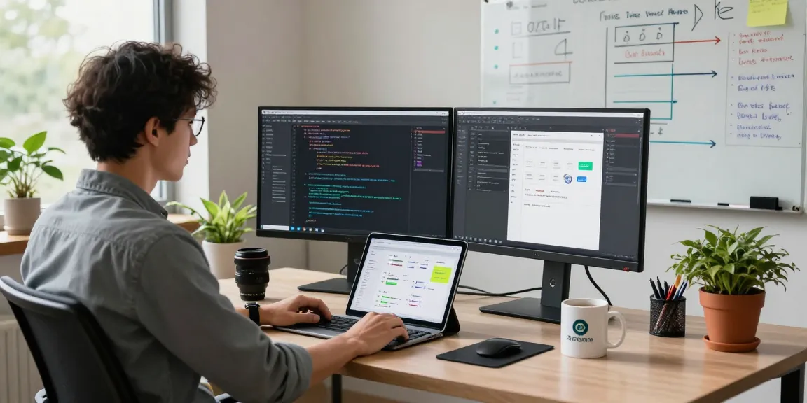 Build internal tools with AI in a modern development workspace featuring a developer engaged in coding and project management.