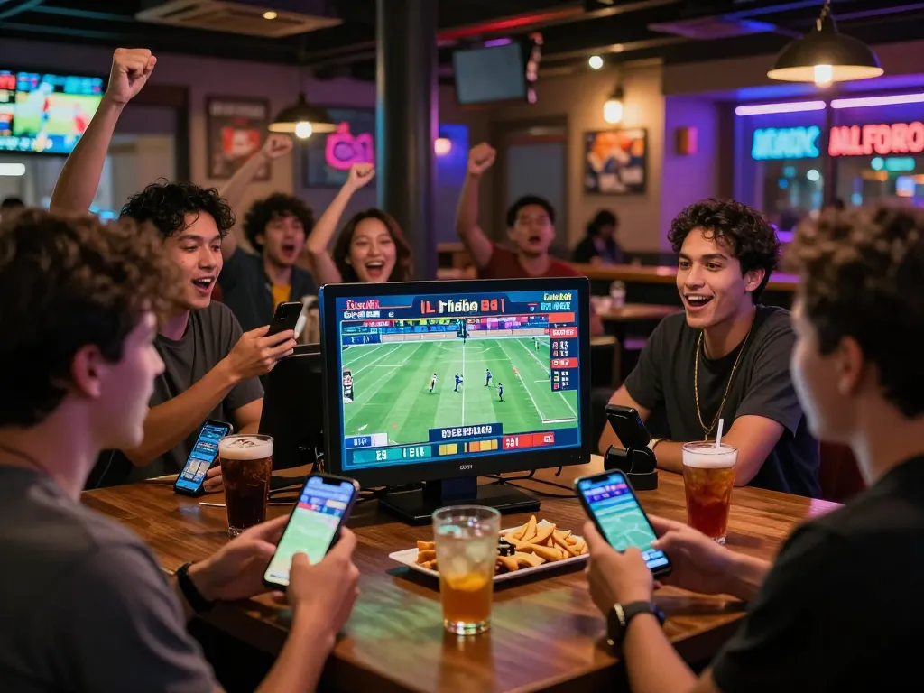 Engaging sports betting atmosphere with Link mới Five88 in action, people celebrating bets together.