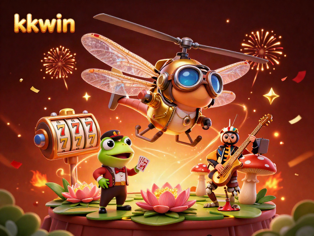 Experience thrilling kkwin casino action with a dragonfly pilot and frog dealer in a vibrant scene.