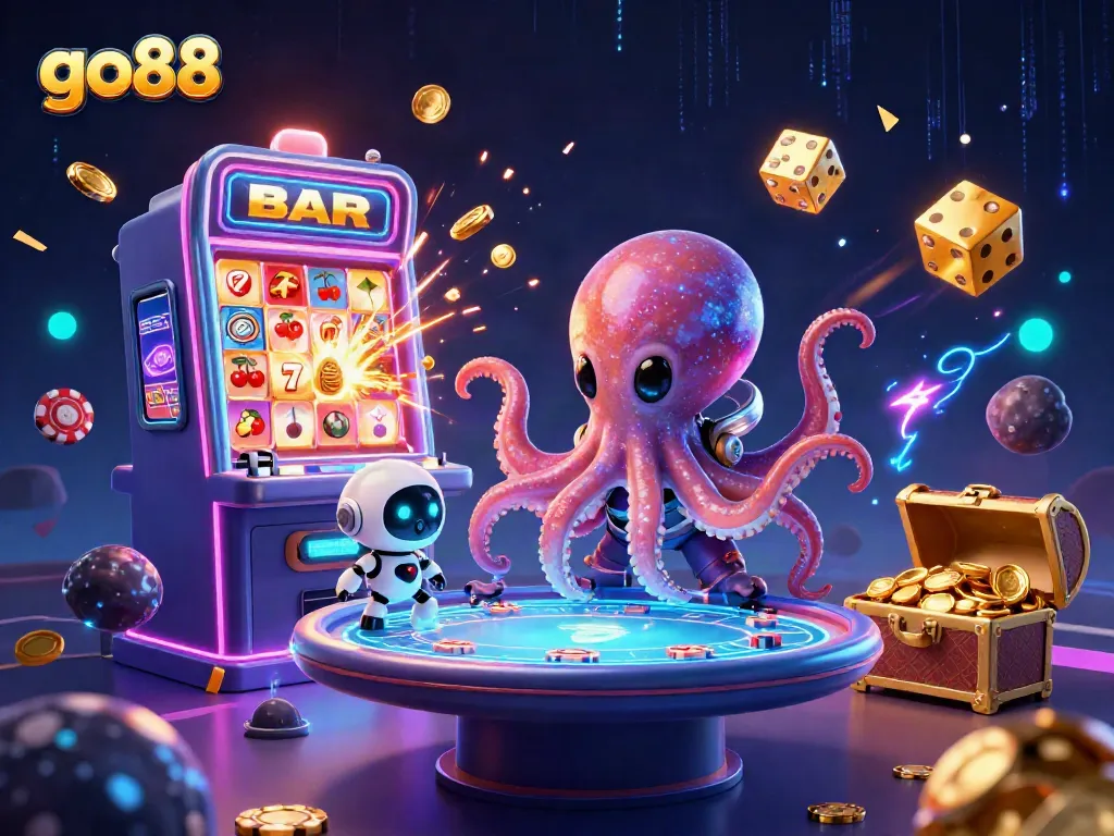 Experience the thrill of go88 gaming with a vibrant, dynamic casino scene featuring an alien octopus and exciting game elements.