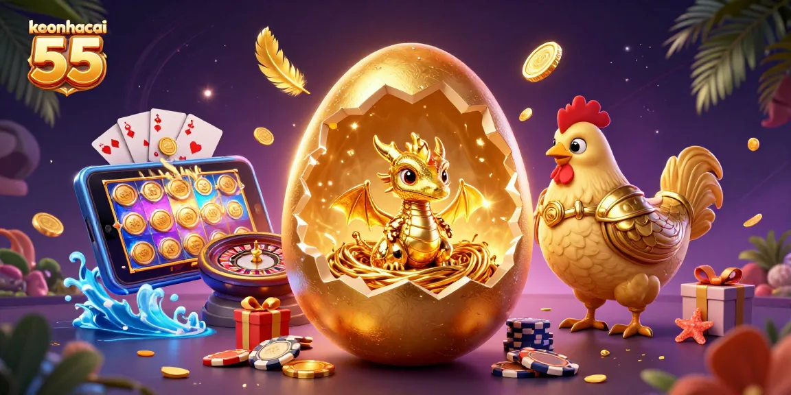 Engage with keonhacai 55 in an ultra-detailed 3D casino scene featuring a golden dragon and poker chips.