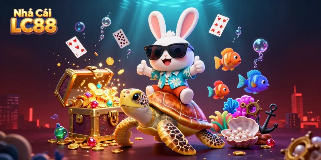 Engage with vibrant gameplay featuring Nhà Cái LC88 as a lucky rabbit rides a golden sea turtle amidst underwater treasures.