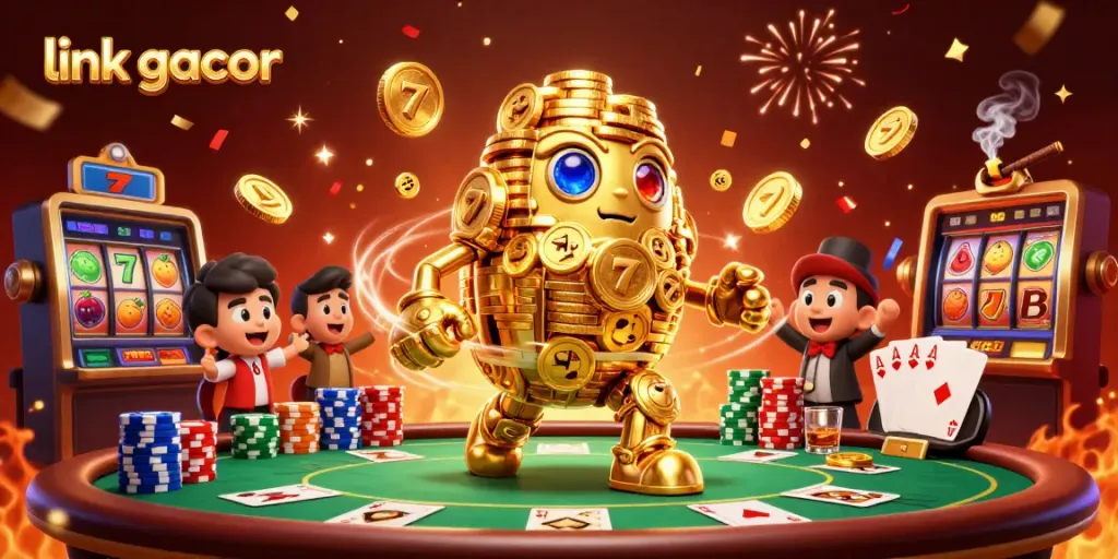 Experience thrilling wins at link gacor casino with a vibrant scene of a golem and slot machines.