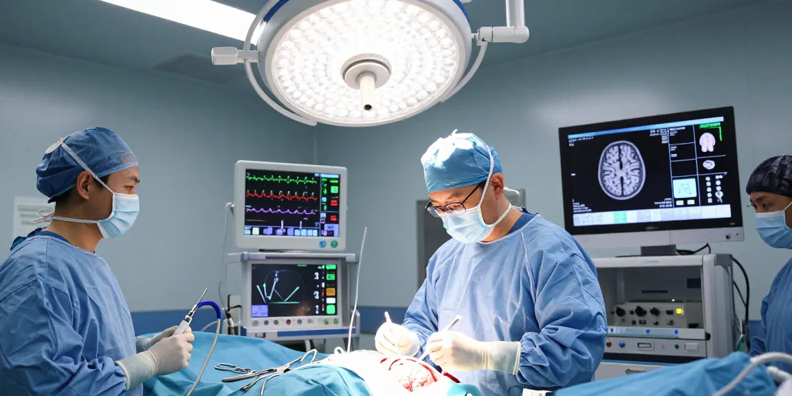 Beyin ameliyatı in an operating room showing the surgical team focused on a brain surgery procedure with advanced technology.