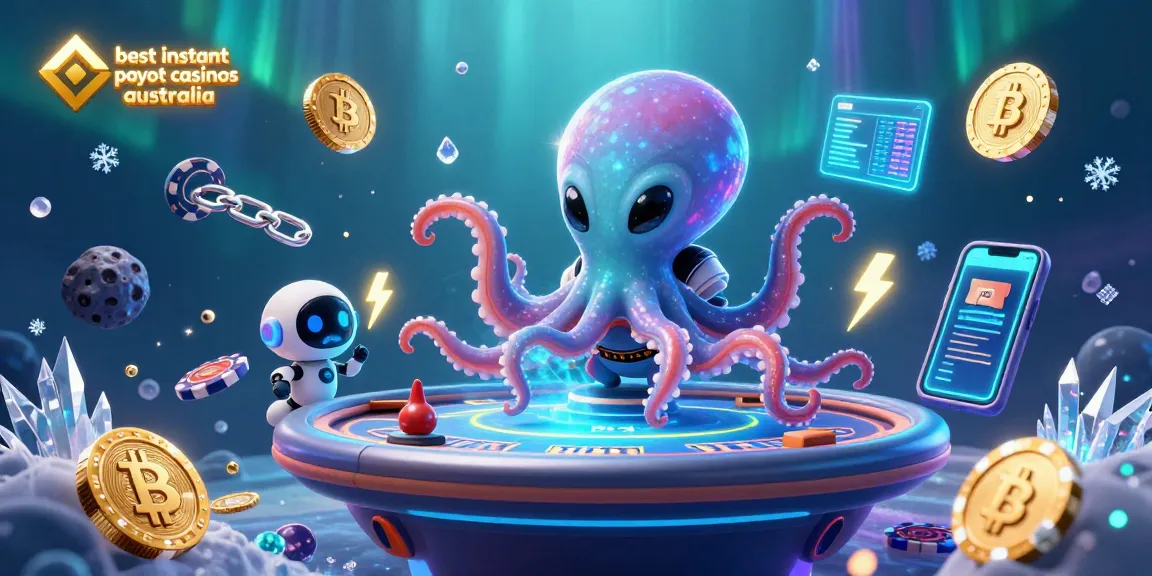 Experience top instant payout casinos Australia with a vibrant, action-packed casino scene featuring an alien octopus and crypto coins.
