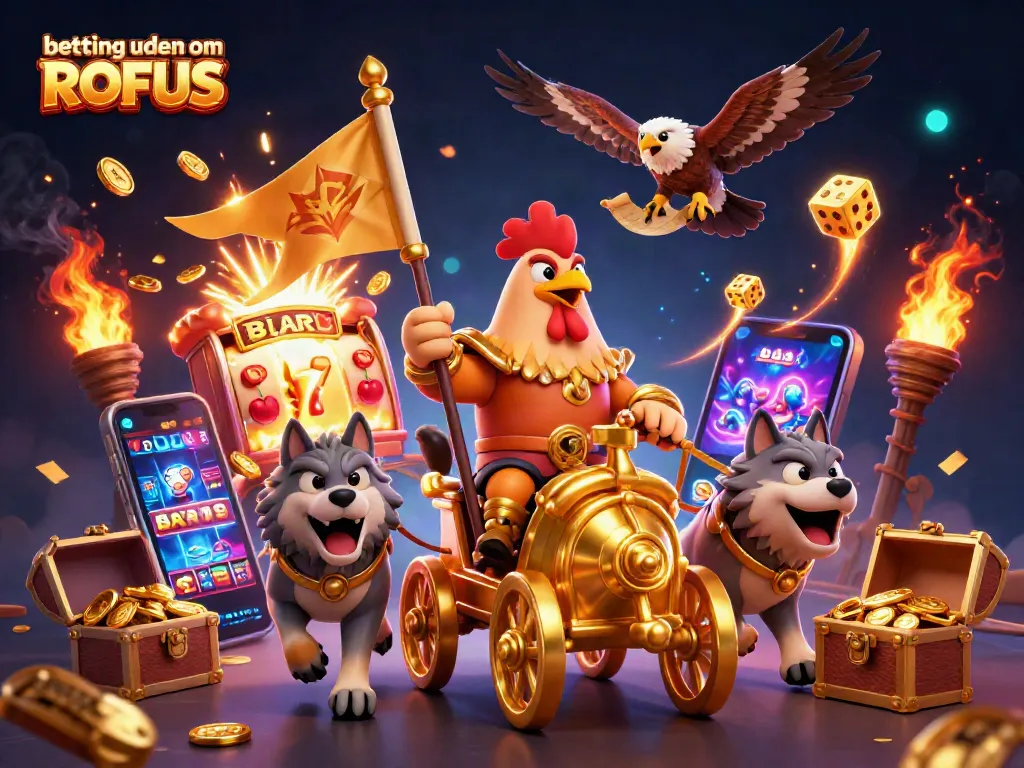 Experience exciting betting uden om ROFUS with a vibrant 3D illustration of a rooster warlord amidst casino elements.