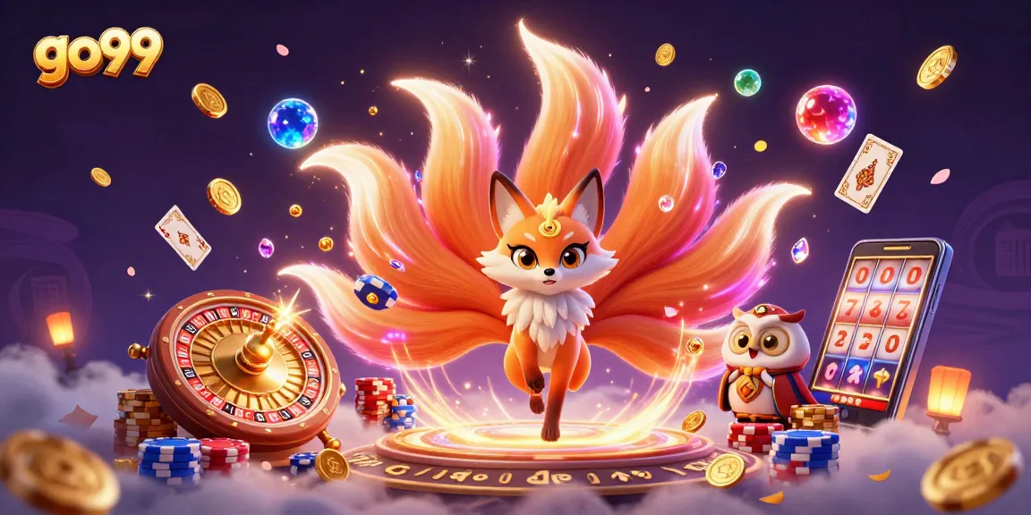 Experience the excitement of go99 with a vibrant 3D casino illustration featuring a magical fox and owl.