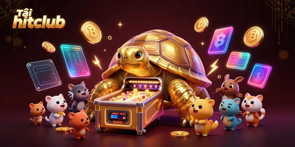Play exciting games with Tải hitclub, featuring vibrant 3D gold tortoise pinball and neon crypto coins.