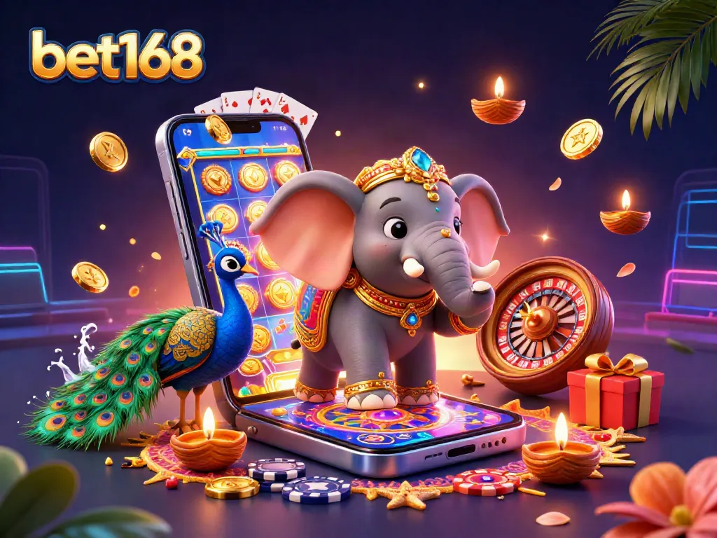 Experience thrilling gaming with bet168 featuring a vibrant 3D scene of a decorated elephant and peacock, surrounded by casino elements.