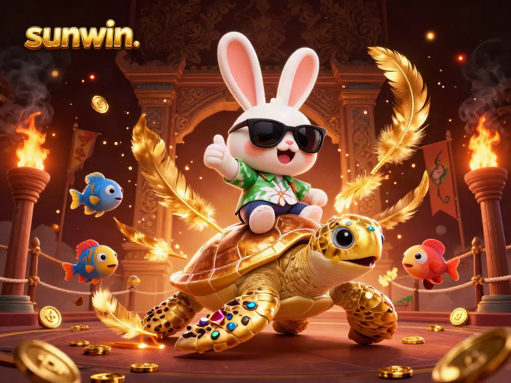 Experience a thrilling gaming adventure at sunwin. with a lucky rabbit riding a golden turtle in a vibrant casino scene.