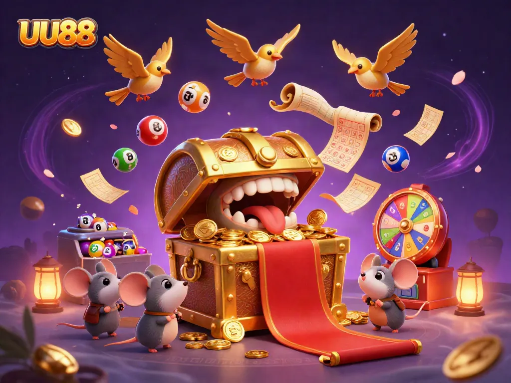 Experience the thrill of UU88 with dynamic lottery elements and vibrant casino charms in this rich 3D illustration.