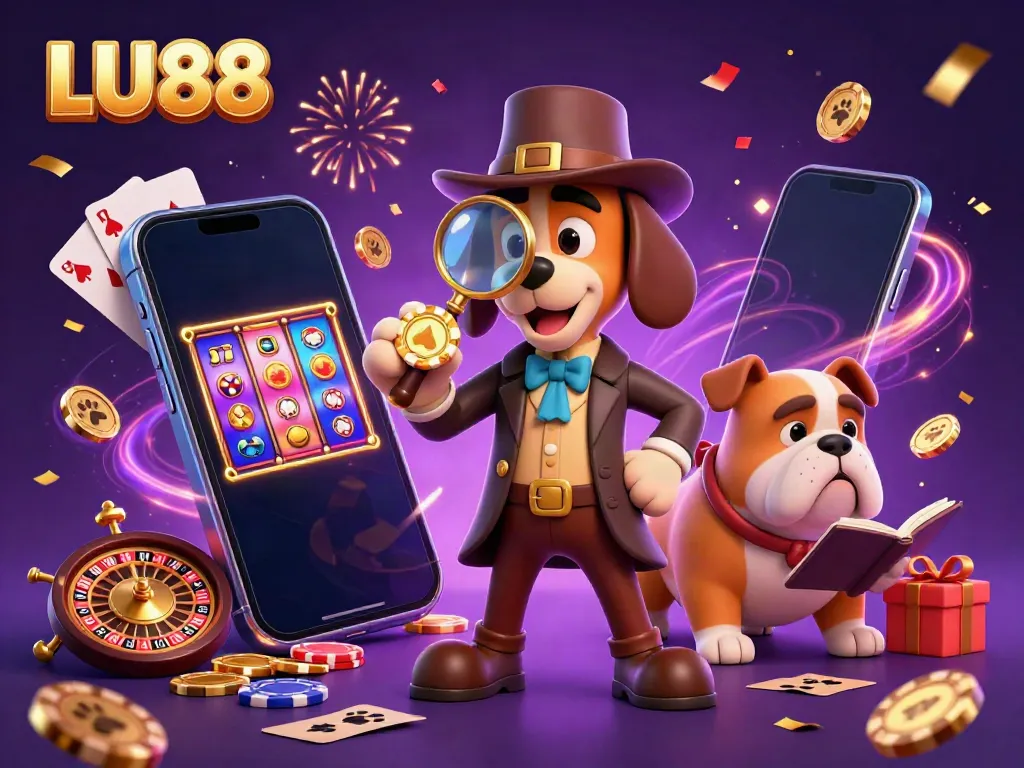 Engage with LU88’s exciting treasure hunt as our detective and bulldog discover golden poker clues amidst colorful casino games!