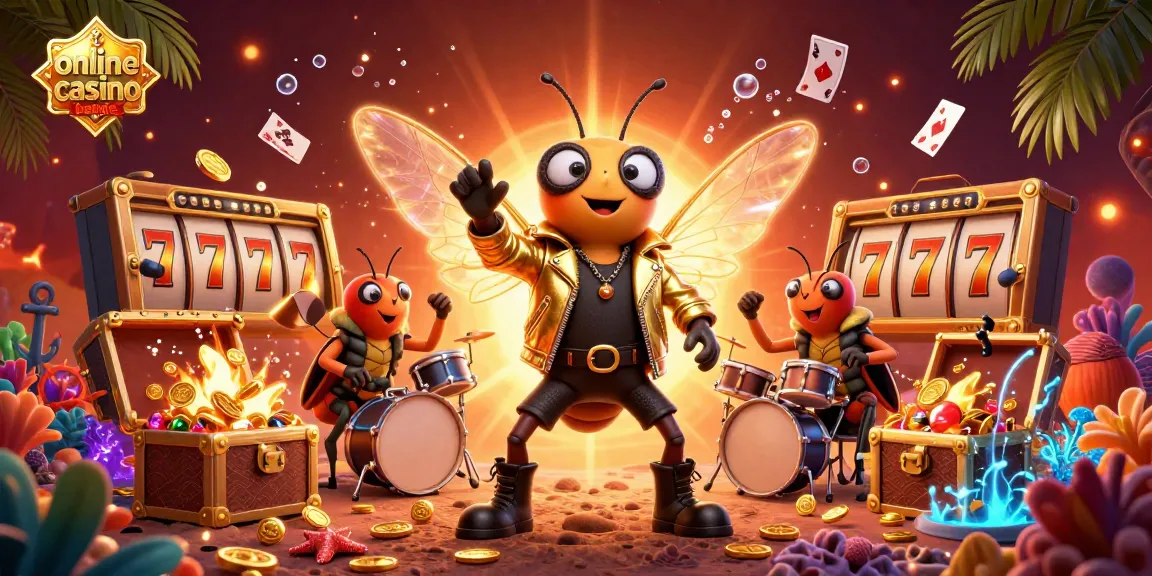 Experience excitement with online casino belgie in a 3D illustration of a rock star cicada and friends surrounded by gems and slot reels.